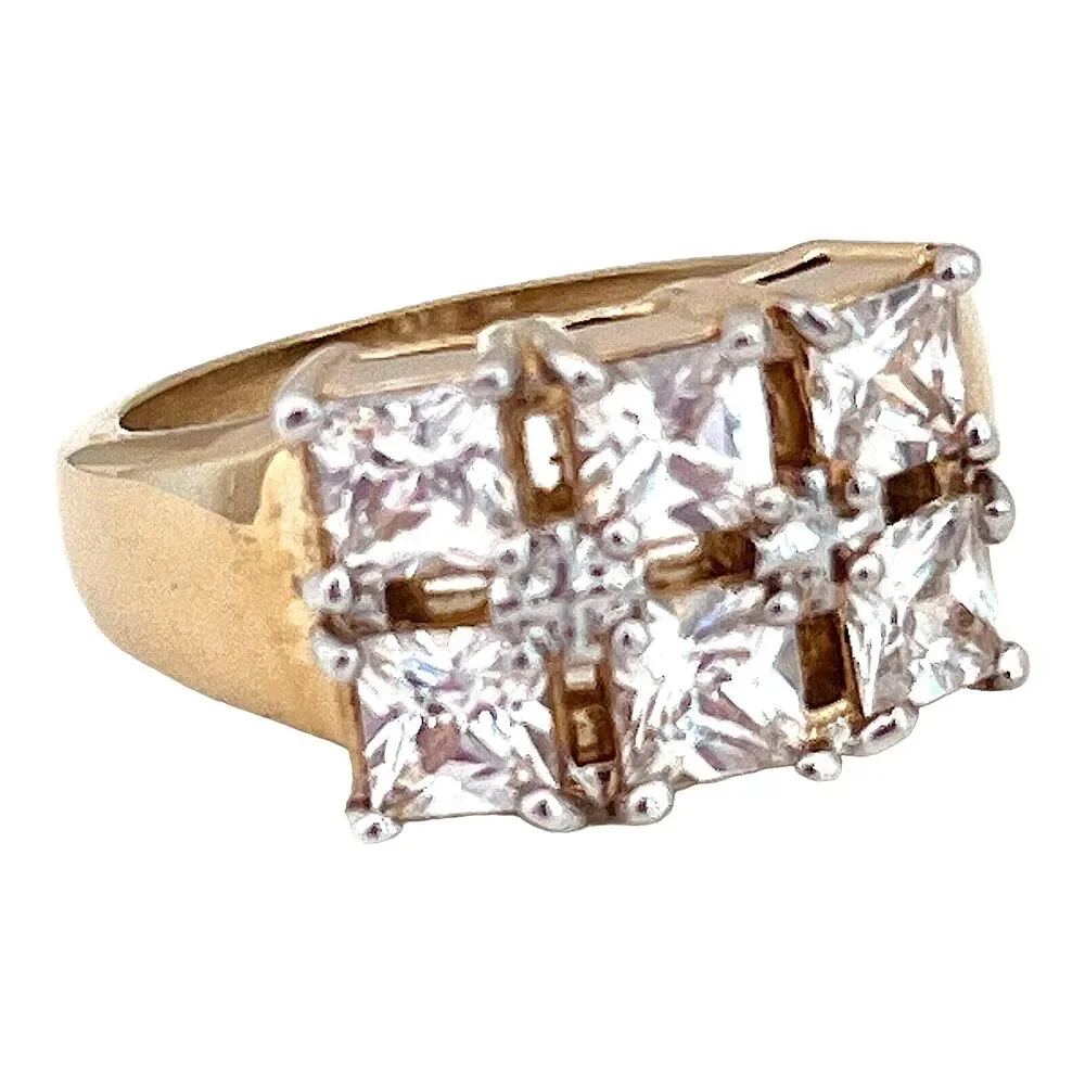 Vintage 1970s CZ Cluster Ring Six Princess Cut Stones Gold Plated Size 7 - 5W
